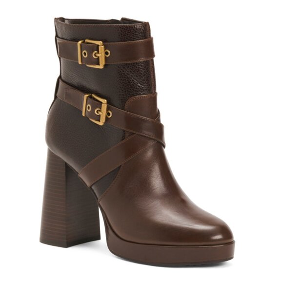 VINCE CAMUTO Root Beer Leather Coliana Stacked Heel Booties - Picture 1 of 2